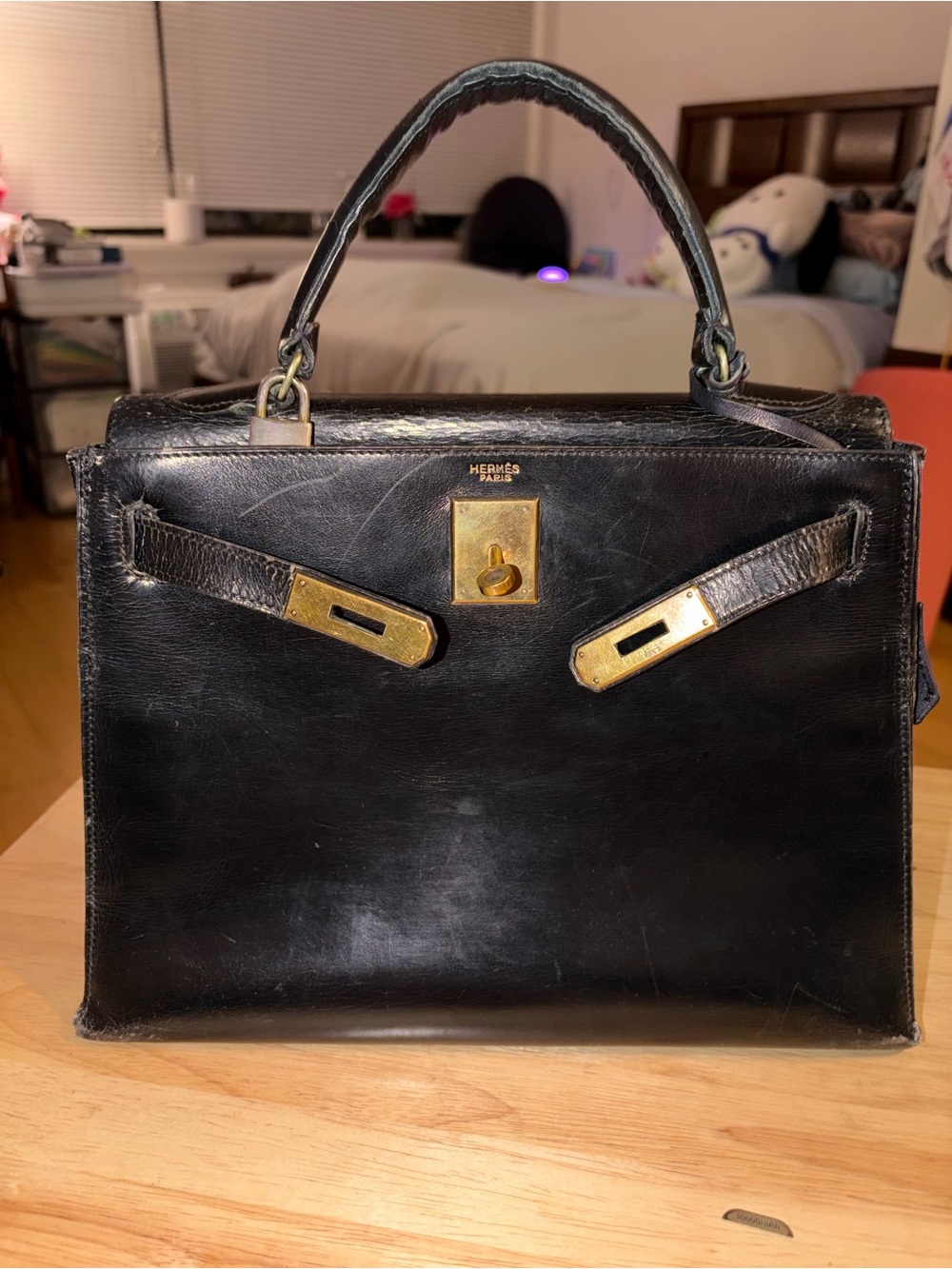 Hermes Kelly 28 in Black Box Leather